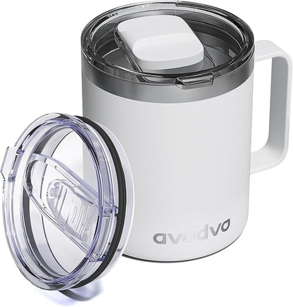12oz Insulated Coffee Mug with Lid – Includes Two Lids, Stainless Steel Coffee Travel Mug with Handle, Double Wall Vacuum Insulated Camping Mug for Home, Office & Outdoor, White