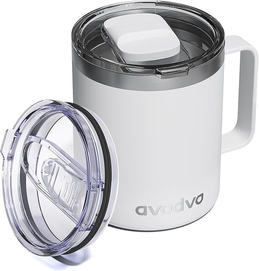 12oz Insulated Coffee Mug with Lid – Includes Two Lids, Stainless Steel Coffee Travel Mug with Handle, Double Wall Vacuum Insulated Camping Mug for Home, Office & Outdoor, White