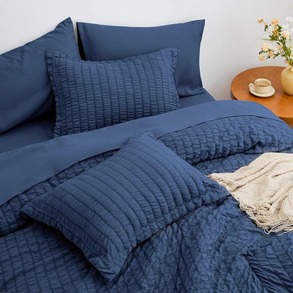 Love's cabin Seersucker Dark Blue Queen Comforter Set, 7-Piece All Season Lightweight Bed in a Bag Bedding Set with Comforter, Flat Sheet, Fitted Sheet, Pillowcases and Shams | Soft, Breathable, Lightweight