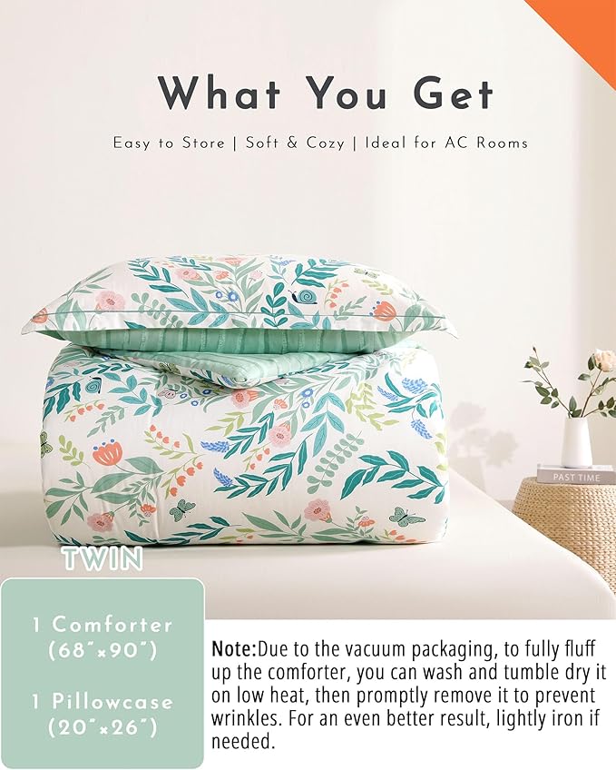 Botanical Cotton Comforter Twin Size 2Pcs - Cute Garden Floral Design with Green Leaves & Coral and Pink Flowers,Sage Striped Reverse,Lightweight Reversible Bedding Sets(Twin,68"×90")