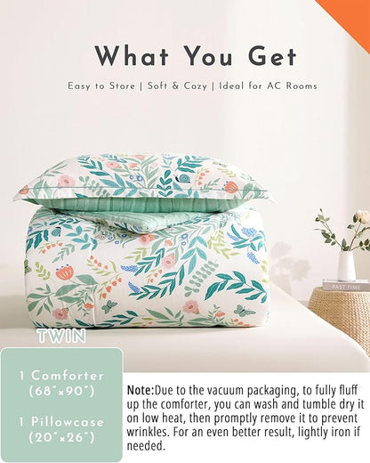 Botanical Cotton Comforter Twin Size 2Pcs - Cute Garden Floral Design with Green Leaves & Coral and Pink Flowers,Sage Striped Reverse,Lightweight Reversible Bedding Sets(Twin,68"×90")