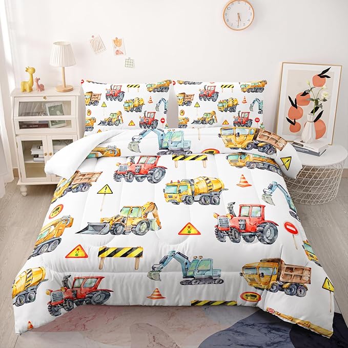 Cartoon Excavator Comforter Set, King Size, Kids Bedding Set, Construction & Automobiles Theme, All Season Comforter & 2 Pillowcases
