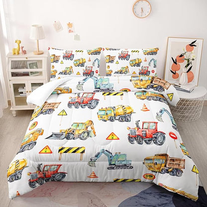 Cartoon Excavator Comforter Set, Twin Size, Kids Bedding Set, Construction & Automobiles Theme, All Season Comforter & 2 Pillowcases