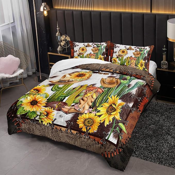 West Comforter Set Queen Size, Brown and White Cow Print 3 Pieces Bedding Set, Western Cowboy Plant Quilts Set Lightweight Soft Microfiber Warm Down Alternative with 2 Pillowcase All Season