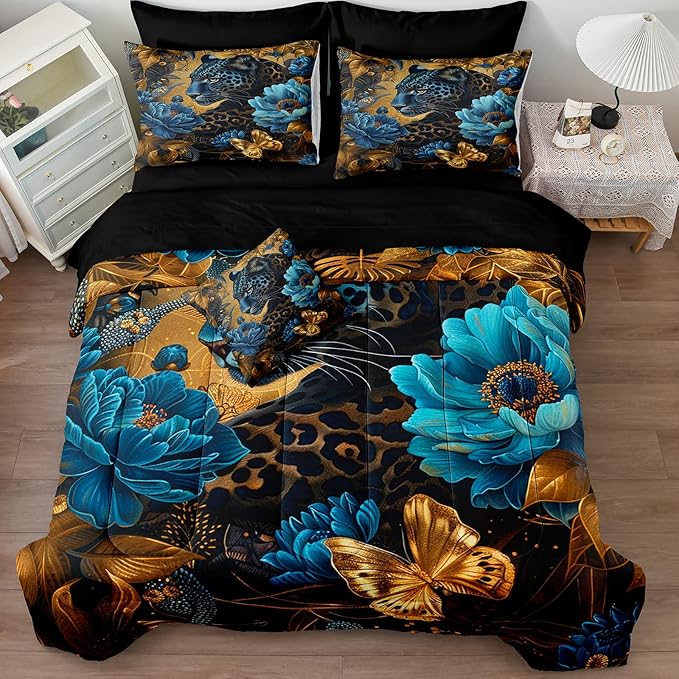 Black Gold Comforter Set Leopard Animal Bedding Set Blue Floral Brown Leopard Print Black and Blue Comforter Forest Theme Vintage Retro Black Bed in A Bag King