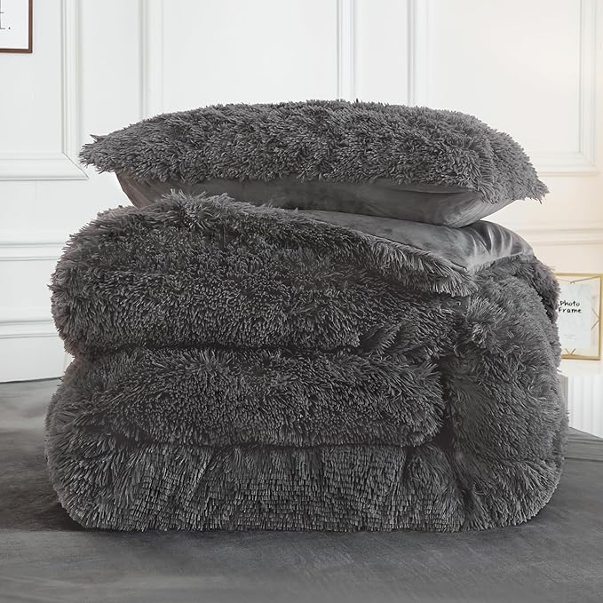 Andency Dark Grey Comforter Set King Size, 3 Pieces Faux Fur Gray Fluffy Fuzzy Plush Bedding Comforter Set, Soft Puffy Comfy Down Alternative Comforter Bed Set