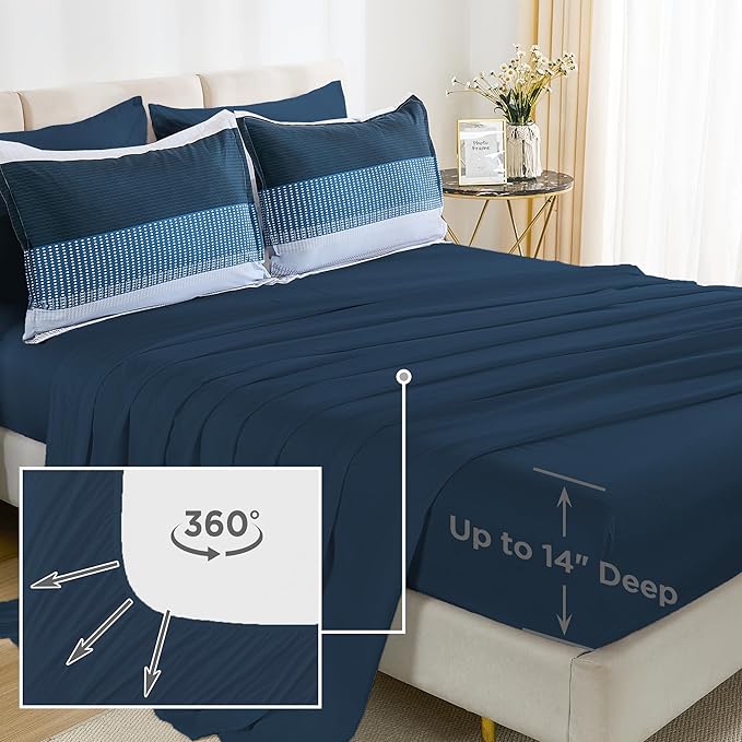 Andency King Comforter Set Navy - 7 Pieces Striped Bed in a Bag, Soft Microfiber All Season Patchwork Bedding Set with Comforter, Fitted & Flat Sheet, Pillowcases & Shams