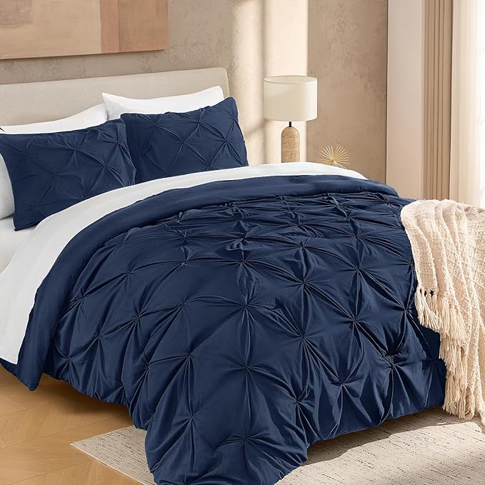 Andency California King Comforter Set Navy Blue (104x96Inch), Pinch Pleat Cal King Comforter Set 3 Pieces, Oversized King Pintuck Bed Comforter, Microfiber Down Alternative Comforter Bedding Set