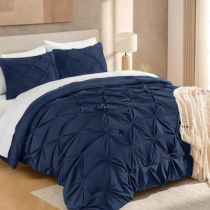 Andency Navy Blue Pinch Pleat Comforter Twin(66x90Inch), 2 Pieces(1 Pintuck Comforter, 1 Pillowcase) Microfiber Pintuck Comforter Set Down Alternative Comforter Bedding Set