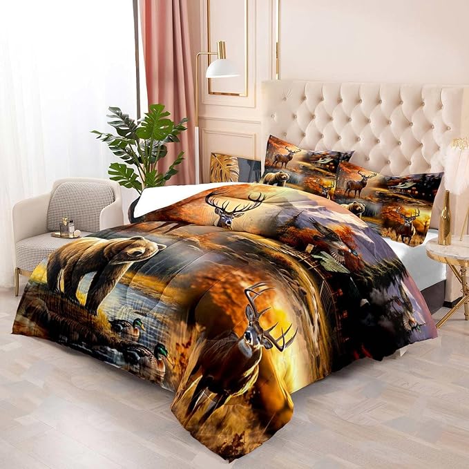 LUVIVIHOME 3PCS Bear Deer Comforter Set King Size, Elk Moose Mallard Duck Autumn Woodland Forest Animal Wildlife Hunting Camo Hunter Country Lodge Rustic Farmhouse Cabin Bedding Sets, 2 Pillow Shams