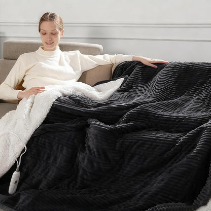 Electric Throw Heated Throw 50''x60'', Striped Flannel & Thicker Sherpa, 5 Heat Settings & 4 Hour Auto Off with FCC/ETL Certified, Overheat Protection & Machine Washable, Great Gift, Charcoal Grey