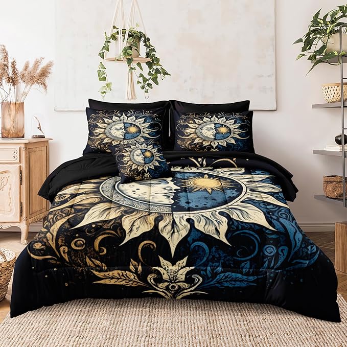 Sun and Moon Comforter Set Black Boho Bedding Set Celestial Galaxy Starry Space Bedding Comforter Mandala Exotic Black Bed in A Bag Full Size