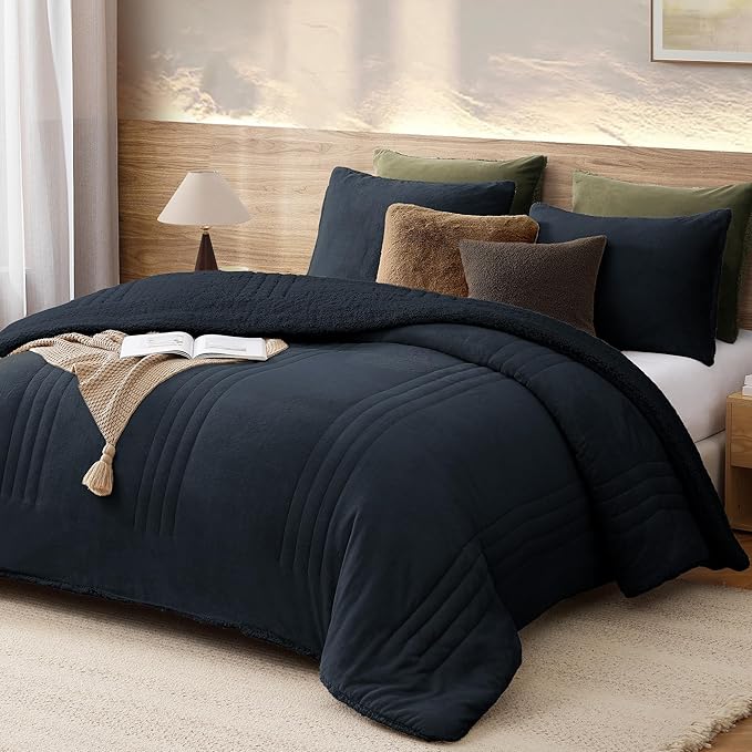 Monbix Fluffy Full Comforter Set Navy Blue, Sherpa Plush Fuzzy Comforter 3 Piece for Full Size Bed, Luxury Soft Winter Warm Bedding Set