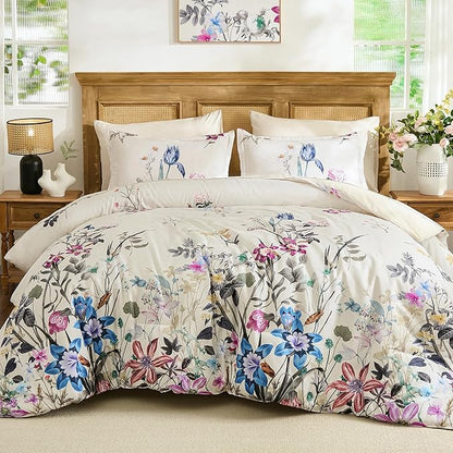 WONGS BEDDING Floral Comforter Set King, 7 Piece Beige Bed in a Bag Bedding Set with Botanical Flowers Patterns, Soft Lightweight Complete Comforters with Sheets for All Season