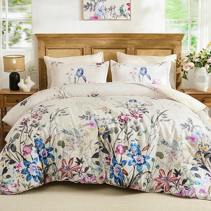 WONGS BEDDING Floral Comforter Set Queen, 7 Piece Beige Bed in a Bag Bedding Set with Botanical Flowers Patterns, Soft Lightweight Complete Comforters with Sheets for All Season