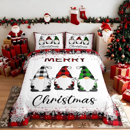 Merry Christmas Comforter Set King Size,Cartoon Santa Claus Bedding Set 3Pcs for Kids Boys Girls Room Decor,Red Black Checkered Snowflake Quilt Set Geometric Xmas Duvet Insert,2 Pillowcases