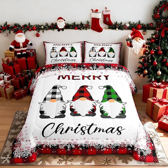 Merry Christmas Comforter Set Twin Size,Cartoon Santa Claus Bedding Set 2Pcs for Kids Boys Girls Room Decor,Red Black Checkered Snowflake Quilt Set Geometric Xmas Duvet Insert,1 Pillowcase
