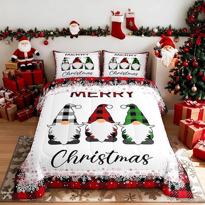Merry Christmas Comforter Set Full Size,Cartoon Santa Claus Bedding Set 3Pcs for Kids Boys Girls Room Decor,Red Black Checkered Snowflake Quilt Set Geometric Xmas Duvet Insert,2 Pillowcases