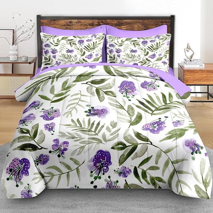 Comforter Set Full Size, Floral Purple Sage Green 7 Pcs Bedding for Kids and Adults, Botanical Leaf Flower Bed Sheet Sets with Fitted Sheet 2 Pillowcases & 2 Shams for Bedroom Bed Decor