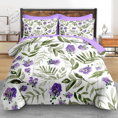 Comforter Set Queen Size, Floral Purple Sage Green 7 Pcs Bedding for Kids and Adults, Botanical Leaf Flower Bed Sheet Sets with Fitted Sheet 2 Pillowcases & 2 Shams for Bedroom Bed Decor