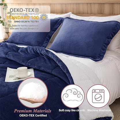 Seward Park Navy Blue Sherpa Comforter Set Twin XL Size, All Season Soft Warm Fleece Fall Blanket, Winter College Dorm Bedding Sets with 1 Pillow Sham