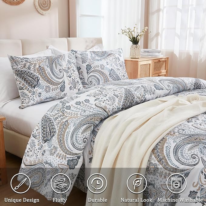 Grey Blue Paisley Comforter Set King Size 3 Pieces 100% Cotton Boho Paisley Pattern Bedding Set All Season Soft Cotton Lightweight Reversible Comforter