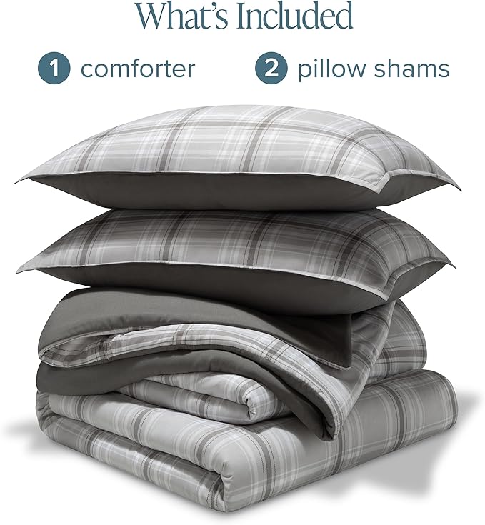 Bare Home Comforter Set - Full Size - Ultra-Soft - Goose Down Alternative - Premium 1800 Series - All Season Warmth Comforter (Full, Tartan Plaid/Grey)