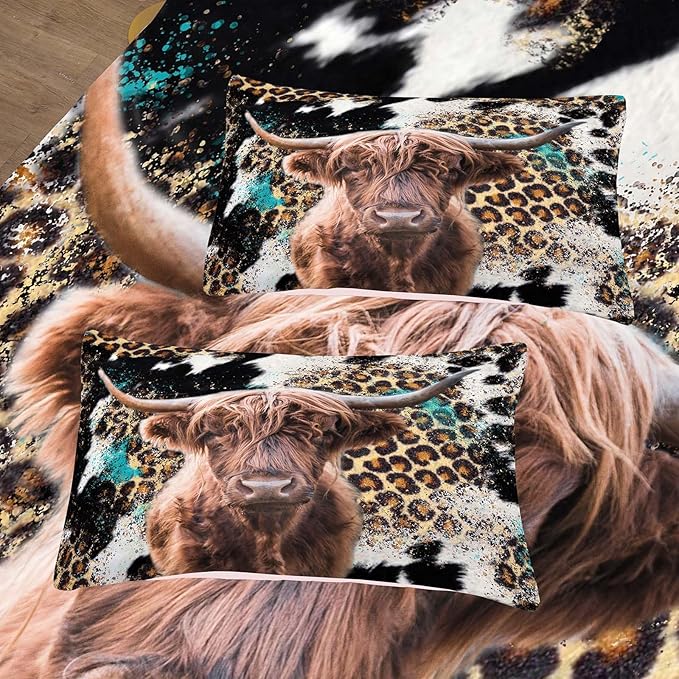 Tailor Shop Western Highland Cow Bedding Queen Size Wild Cow Print Comforter Sets for Kids Teens Boys Leopard Comforter Sets with 2 Pillowcases