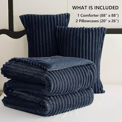CozyLux Fluffy Queen Comforter Set - Super Soft Faux Fur Navy Blue Comforter Queen Size, Winter Warm Fleece Bedding Set, 3 Pieces Plush Fuzzy Bed Set (1 Shaggy Comforter, 2 Pillowcases)