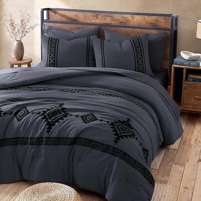 MaiRêve Embroidery King Size Comforter Set Crown Blue, Boho Farmhouse Western Bedding Set 7 Pieces, All Season Bed in A Bag Comforter Set with Sheets, Pillowcases & Shams