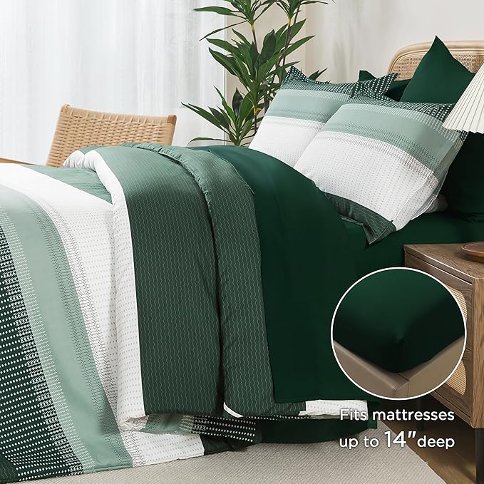 Andency California King Comforter Set Emerald Green - 7 Pieces Striped Lightweight Bed in a Bag, Soft Microfiber Reversible Bedding Set with Comforter, Fitted & Flat Sheet, Pillowcases & Shams