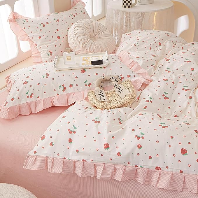 MKXI Strawberry Print Comforter Set - Pink and White Ruffled Bedding with Floral Accents, Soft Microfiber, 3-Piece Queen Size, Lightweight and Cozy for Kids, Teens, and Adults