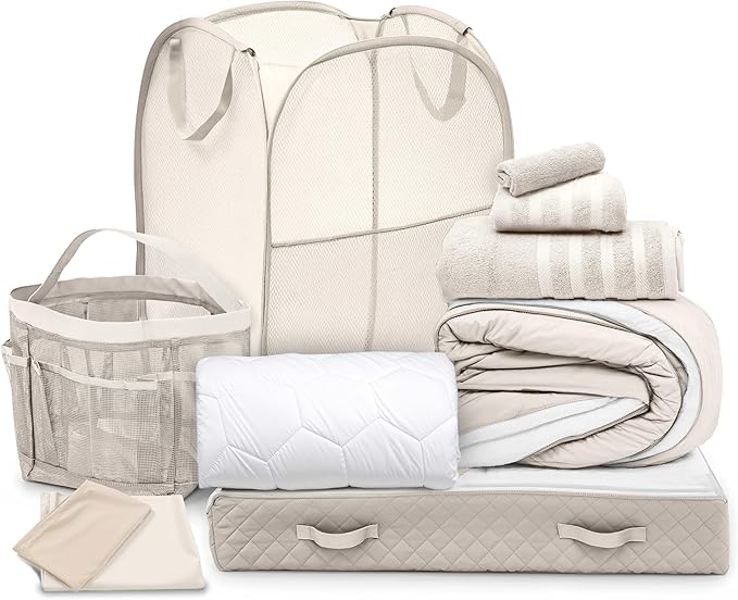 Hearth & Harbor Complete Dorm Room Set, Twin XL Comforter Set, Sheet Set, Mattress Protector, Towels and Organizers - All Dorm Accessories Included