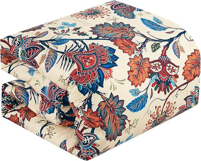 Chezmoi Collection Azura 3-Piece Floral Comforter Set Queen - Multicolor Blue Red Orange Cream Printed Microfiber Lightweight Bedding Set for All Season