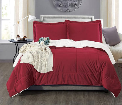 Elegant Comfort Super Soft Sherpa Comforter 3-Piece Set Premium Quality, Heavy Weight Reversible Down Alternative Micro-Suede, Sherpa Comforter, Queen, Flaming Burgundy