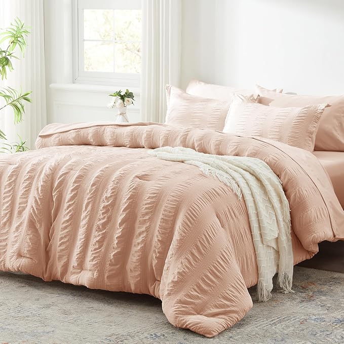 Zzlpp King Comforter Set 7 Pieces, Pink Seersucker Bed in a Bag with Comforter and Sheets, All Season Bedding Sets with 1 Comforter, 2 Pillow Shams, 2 Pillowcases, 1 Flat Sheet