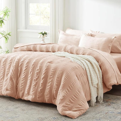 Zzlpp Queen Comforter Set 7 Pieces, Pink Seersucker Bed in a Bag with Comforter and Sheets, All Season Bedding Sets with 1 Comforter, 2 Pillow Shams, 2 Pillowcases, 1 Flat Sheet, 1 Fitted Sheet
