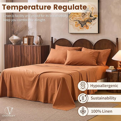100% Linen Sheets King Size,Breathable & Durable 4-Piece Bed Flax Sheet Set,Soft All-Season Bedding for Hot Sleepers 16" Deep Pocket Oeko-TEX Certified,（King, Brown）