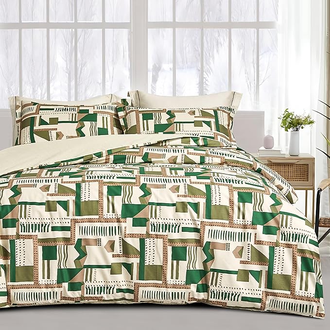 SLEEPBELLA Comforter King Size, 600 Thread Count Cotton White Printed with Green & Brown Geometric Comforter Set, Down Alternative Bedding Set 3Pcs(King, Green Geometric)