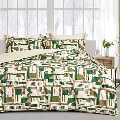 SLEEPBELLA Comforter King Size, 600 Thread Count Cotton White Printed with Green & Brown Geometric Comforter Set, Down Alternative Bedding Set 3Pcs(King, Green Geometric)