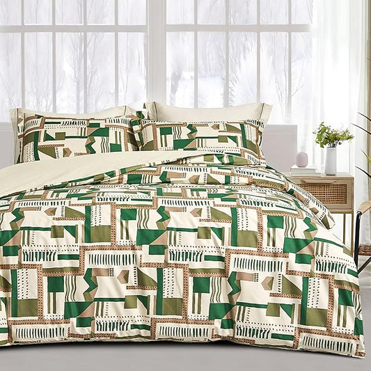 SLEEPBELLA Comforter King Size, 600 Thread Count Cotton White Printed with Green & Brown Geometric Comforter Set, Down Alternative Bedding Set 3Pcs(King, Green Geometric)