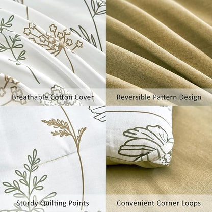 White Botanical Cotton Comforter Queen Size - 3PC Lightweight Bedding Sets with Ultra-Soft Alternative Fill, Luxurious Pale Mustard Reversible Design (1 Comforter, 2 Pillowshams)