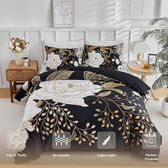 mixinni Floral Comforter Set Queen Size,3 Pieces Botanical Bedding Comforter Sets, White Flowers and Gold Leaves Printed on Black, Soft Fluffy Reversible Farmhouse Boho Comforter for All Season