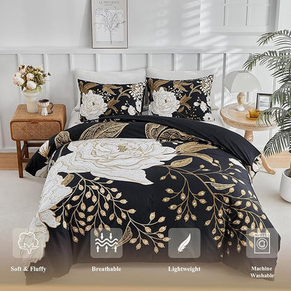 mixinni Floral Comforter Set King Size,3 Pieces Botanical Bedding Comforter Sets, White Flowers and Gold Leaves Printed on Black, Soft Fluffy Reversible Farmhouse Boho Comforter for All Season