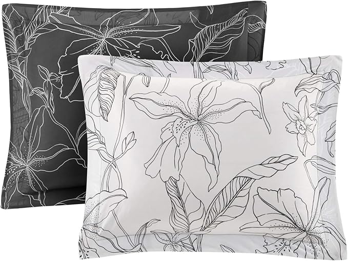 Madison Park Essentials Cozy Bed In A Bag Comforter with Complete Cotton Sheet Set - Trendy Floral Design All Season Cover, Decorative Pillow, Full(78"x86"), White/Charcoal 9 Piece