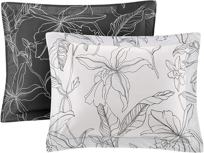 Madison Park Essentials Cozy Bed In A Bag Comforter with Complete Cotton Sheet Set - Trendy Floral Design All Season Cover, Decorative Pillow, Full(78"x86"), White/Charcoal 9 Piece