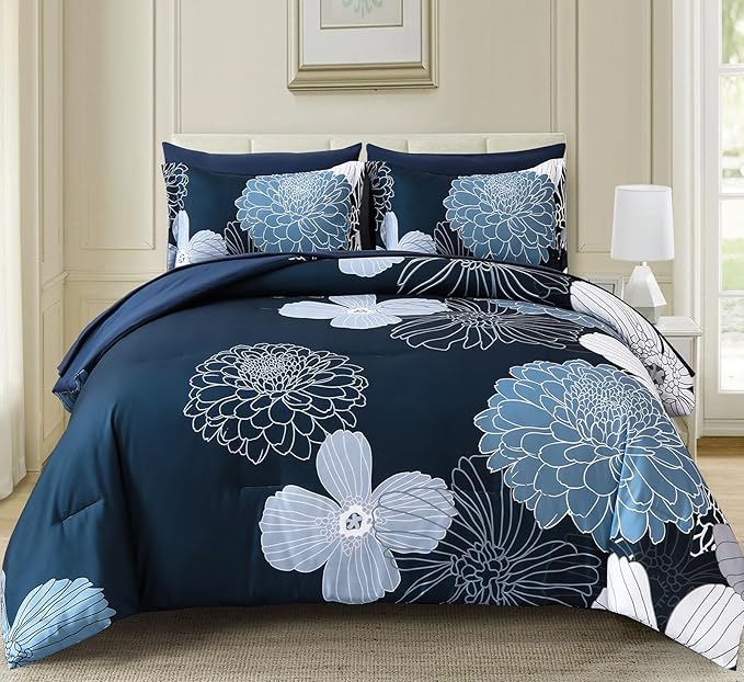 Yiran Navy Blue Floral Boho Comforter Set King Size 7 Pieces Bed in a Bag Flowers Soft Microfiber Bedding Set(1 Comforter 1 Flat Sheet 1 Fitted Sheet 2 Pillowshams 2 Pillowcases)