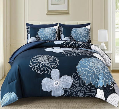 Yiran Navy Blue Floral Boho Comforter Set King Size 7 Pieces Bed in a Bag Flowers Soft Microfiber Bedding Set(1 Comforter 1 Flat Sheet 1 Fitted Sheet 2 Pillowshams 2 Pillowcases)