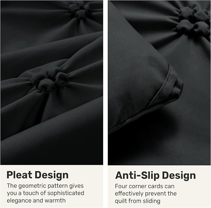 UNIKOME King Size Comforter Set Black - Ultra Soft Boho Pintuck Down Alternative Bedding Set for All Seasons, 3 Pieces Lightweight Warm Pinch Pleat Bed Set with Comforter, 2 Pillowcases