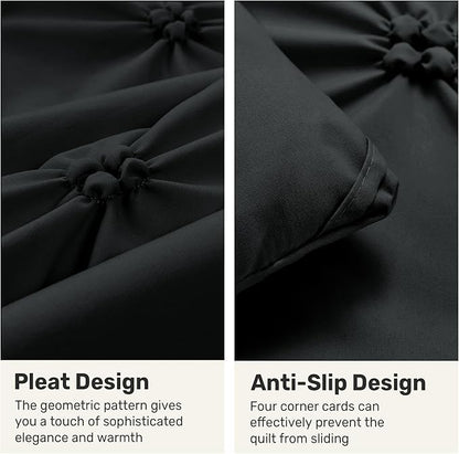 UNIKOME King Size Comforter Set Black - Ultra Soft Boho Pintuck Down Alternative Bedding Set for All Seasons, 3 Pieces Lightweight Warm Pinch Pleat Bed Set with Comforter, 2 Pillowcases